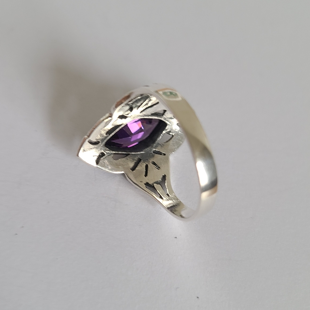 Vintage Elegant Art Deco Sterling Silver Marcasite Purple Amethyst Crystal Ring - Picture 7 of 13